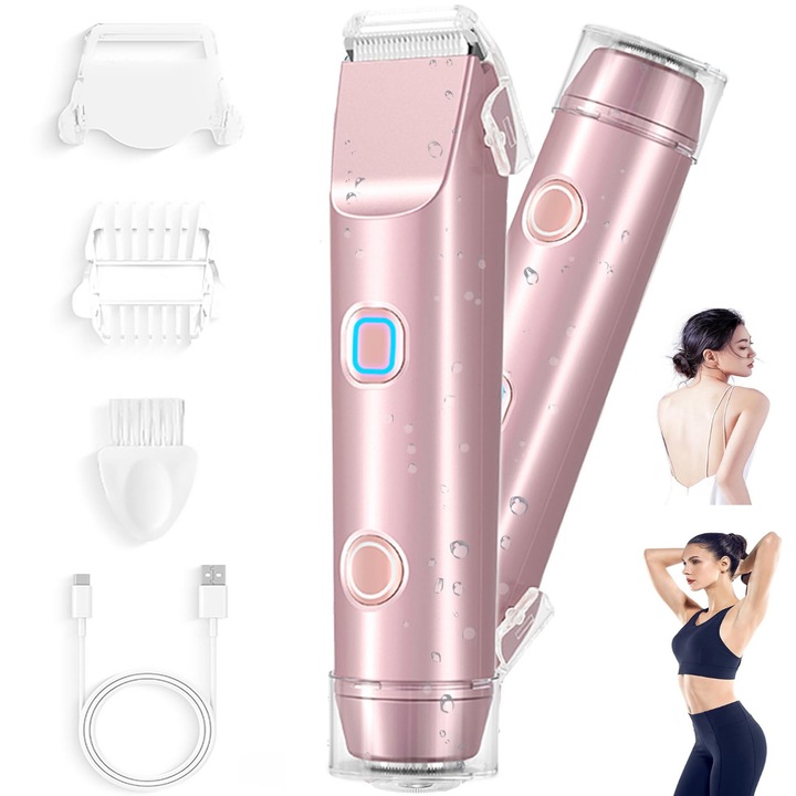 Aparat de ras 2 in 1 pentru bikini, Bedee, aparat de tuns cu doua capete pentru femei, cu Otel inoxidabilcu lame ceramice si port de incarcare de tip C, aparate de ras electrice pentru femei, pentru par pubian, axile, picioare, brate, fata, 4.6x15.6cm, Ro