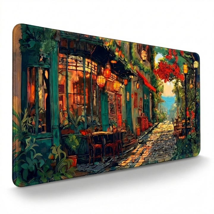Mouse Pad Gaming XXL Cauciucat, 900x400x4mm, Anti-Derapant, Lavabil, Rezistent la Uz, Design Artistic Strada, Plante Verzi, Lumini Calde