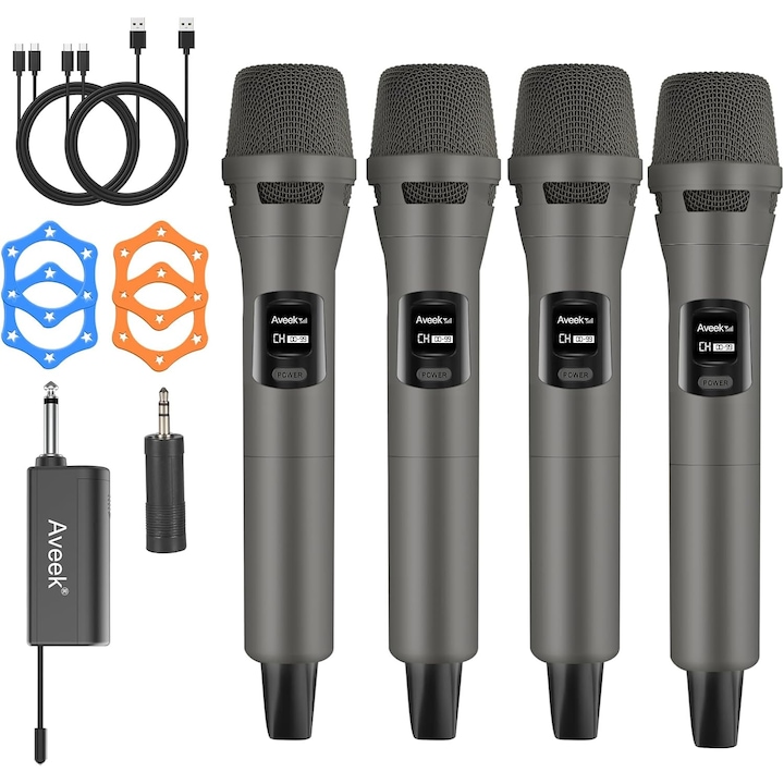 Set 4 microfoane wireless profesionale, Aveek, dinamic, cu Receiver Jack 6, 35mm, Baterie reincarcabila, raza actiune 30 m, USB C, pentru Karaoke, Conferinte, petreceri, cu cablu usb, inel anti-alunecare, adaptor tip Jack, Gri