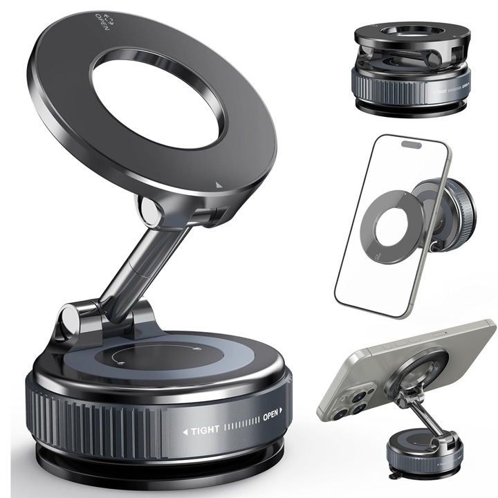 Mágneses telefontartó, erős vákuumos tapadás, 360°-os forgatás és állítható szögek, kompakt és hordozható, könnyen tárolható, ideális autóba, otthonra, irodába és edzőterembe - MAGHOLDZ VYZIO®