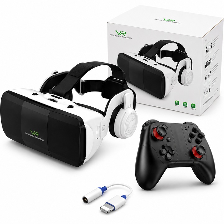 Set Ochelari VR 3D pentru Telefon Mobil, Realitate Virtuala cu Controller Wireless si Casti Fara Fir, Compatibil iOS Android 4.7-7.8 inch, pentru Jocuri VR, Filme 3D si Experiente 360°