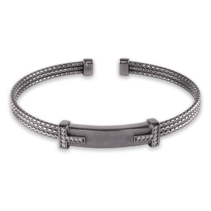 Bratara barbateasca fixa, din argint 925 cu rhodiu negru si element central lat ornat cu pietre transparente