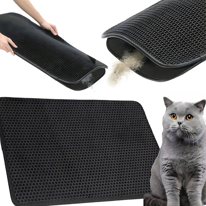 Covoras pentru litiera pisicilor, Zola, marime xxl, 60 x 45 cm, dublu, antiderapant, negru