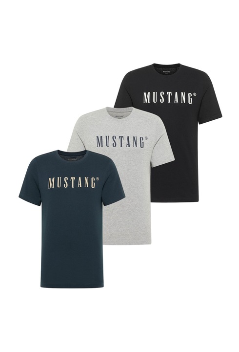 Mustang, Set de tricouri din bumbac organic - 3 piese, Negru/Gri/Albastru inchis