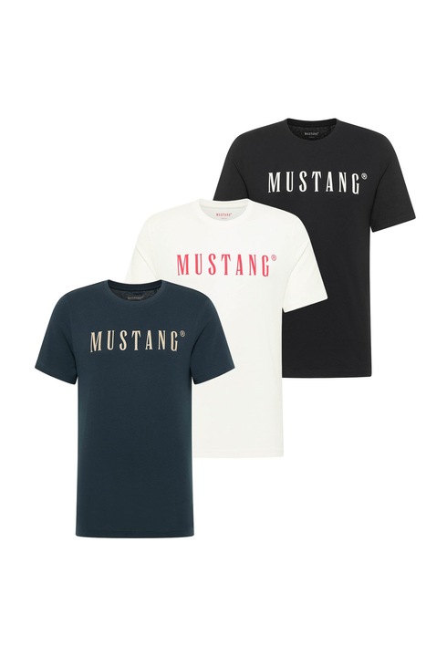 Mustang, Set de tricouri din bumbac organic - 3 piese, Alb/Negru/Albastru inchis