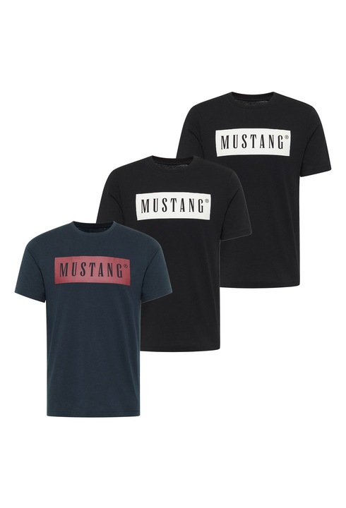 Mustang, Set de tricouri din bumbac organic cu logo - 3 piese, Negru/Albastru inchis