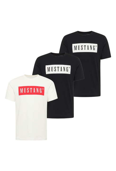 Mustang, Set de tricouri din bumbac organic cu logo - 3 piese, Alb/Negru