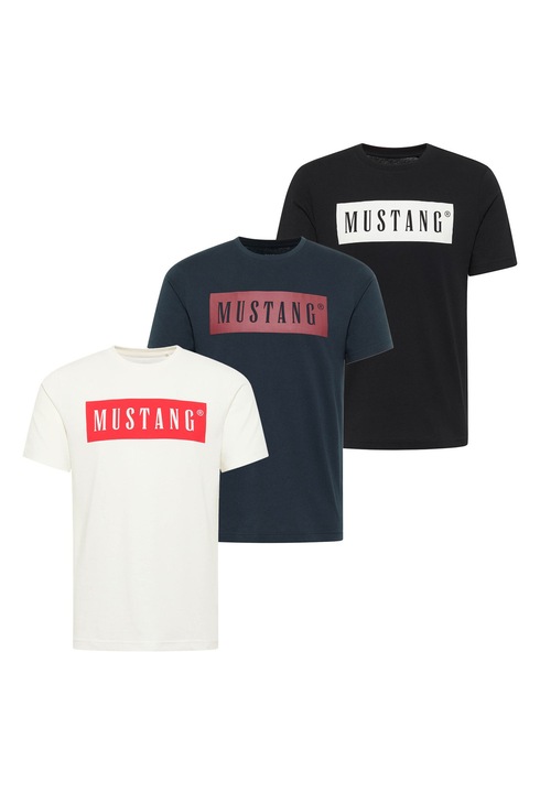 Mustang, Set de tricouri din bumbac organic cu logo - 3 piese, Alb/Negru/Albastru inchis