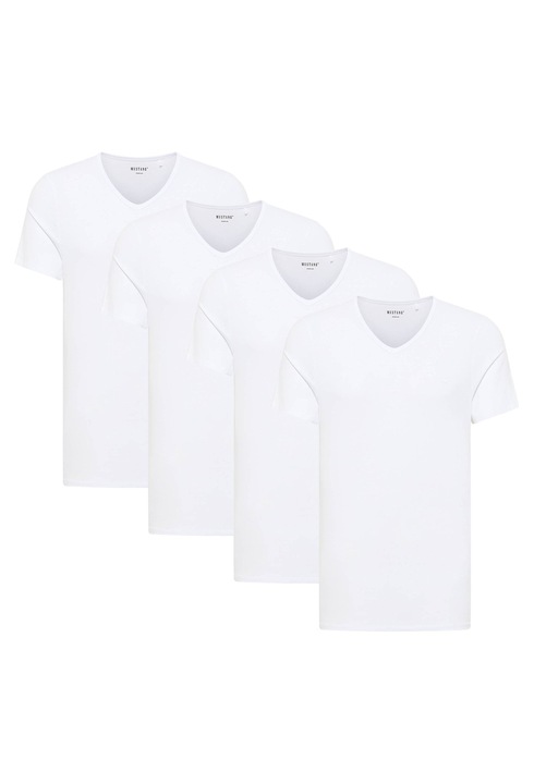 Mustang, Set de tricouri din amestec de bumbac organic cu decolteu in V - 4 piese, Alb