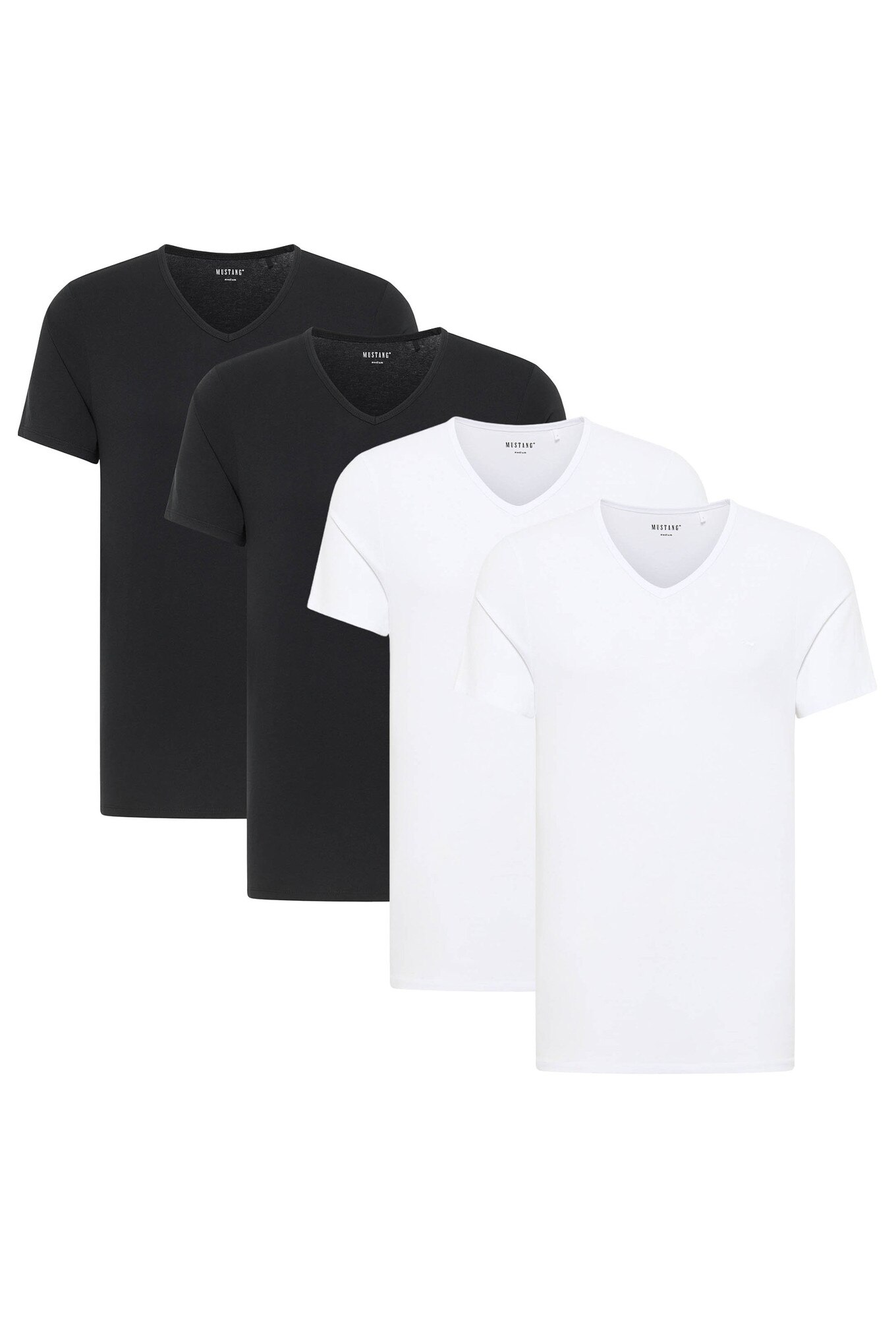 Mustang, Set de tricouri din amestec de bumbac organic cu decolteu in V - 4 piese, Alb, Negru, M