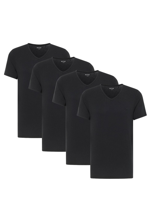Mustang, Set de tricouri din amestec de bumbac organic cu decolteu in V - 4 piese, Negru
