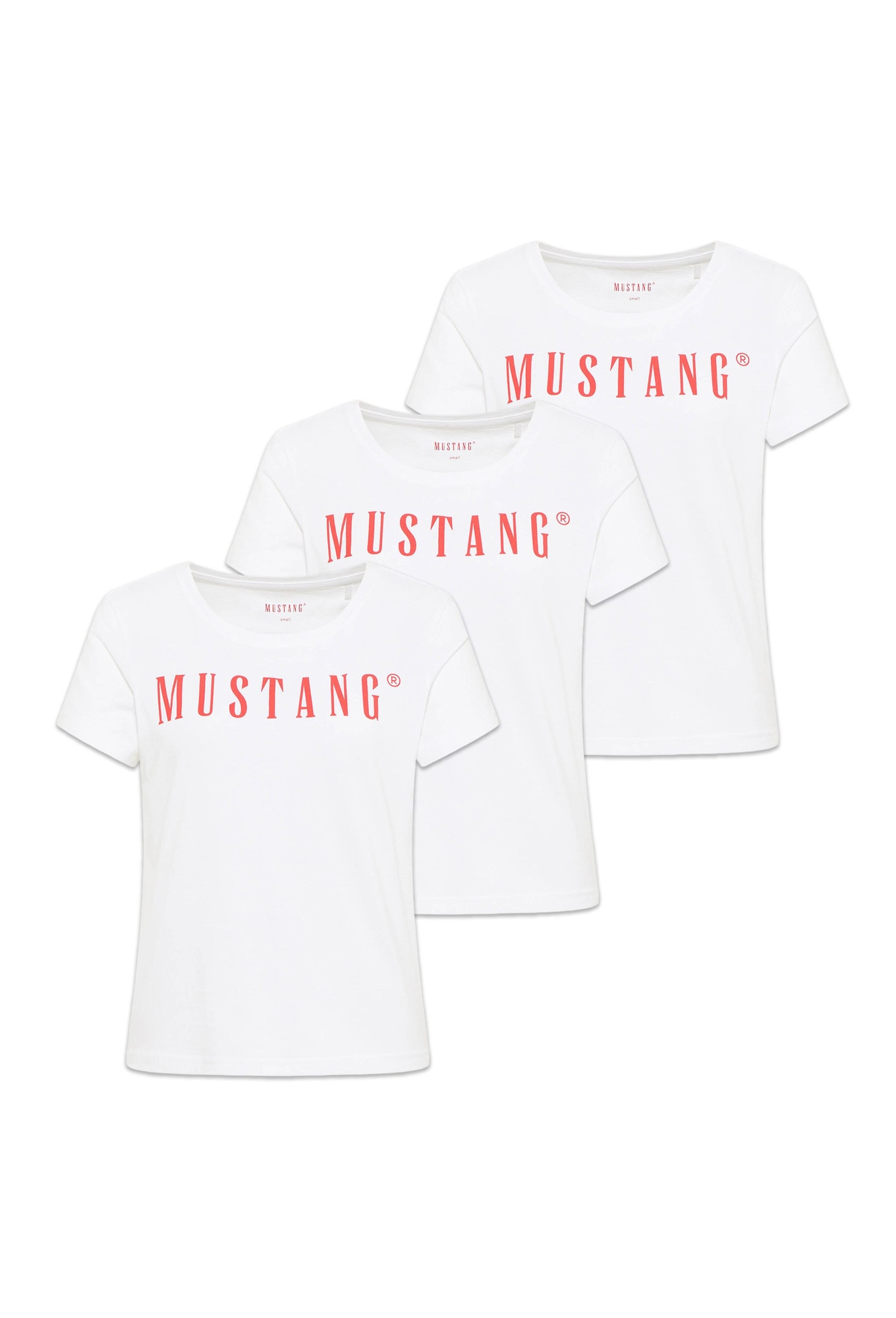 Mustang, Set de tricouri regular-fit cu decolteu rotund si logo Alma - 3 piese, Alb, S