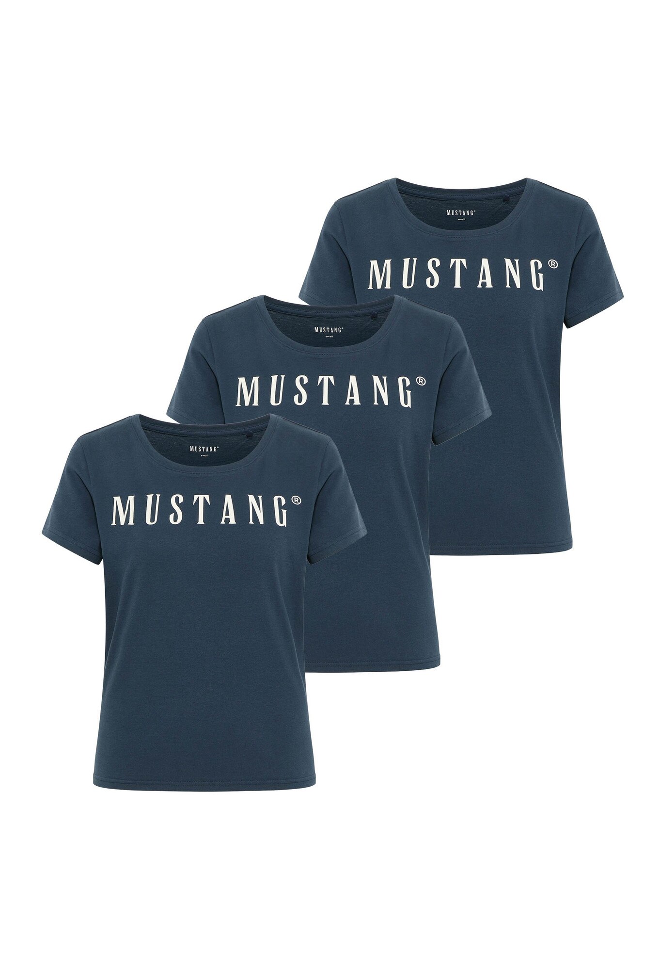 Mustang, Set de tricouri regular-fit cu decolteu rotund si logo Alma - 3 piese, Albastru inchis, XS