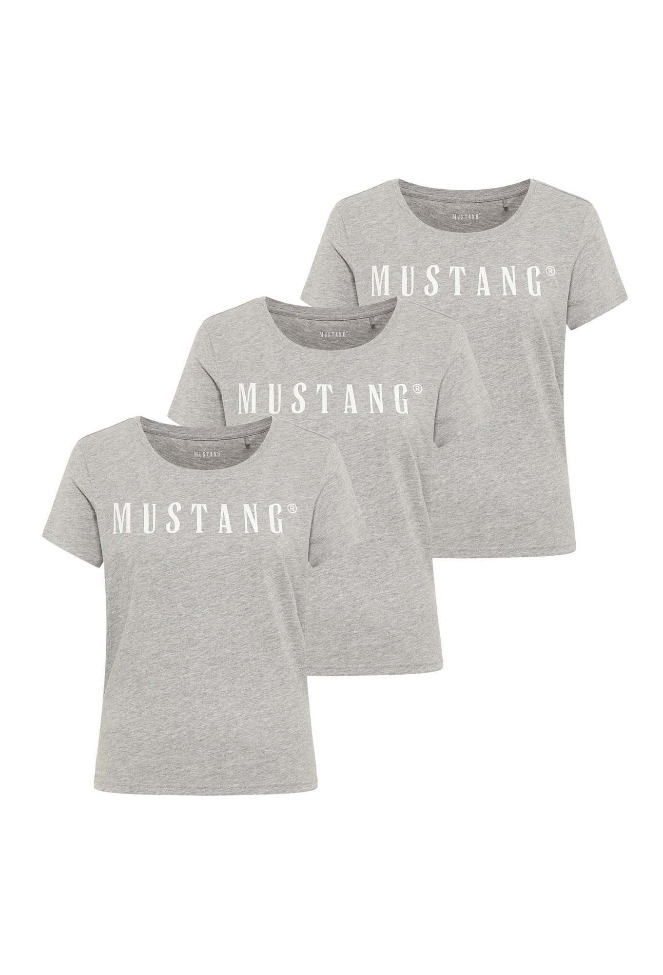 Mustang, Set de tricouri regular-fit cu decolteu rotund si logo Alma - 3 piese, Gri, S