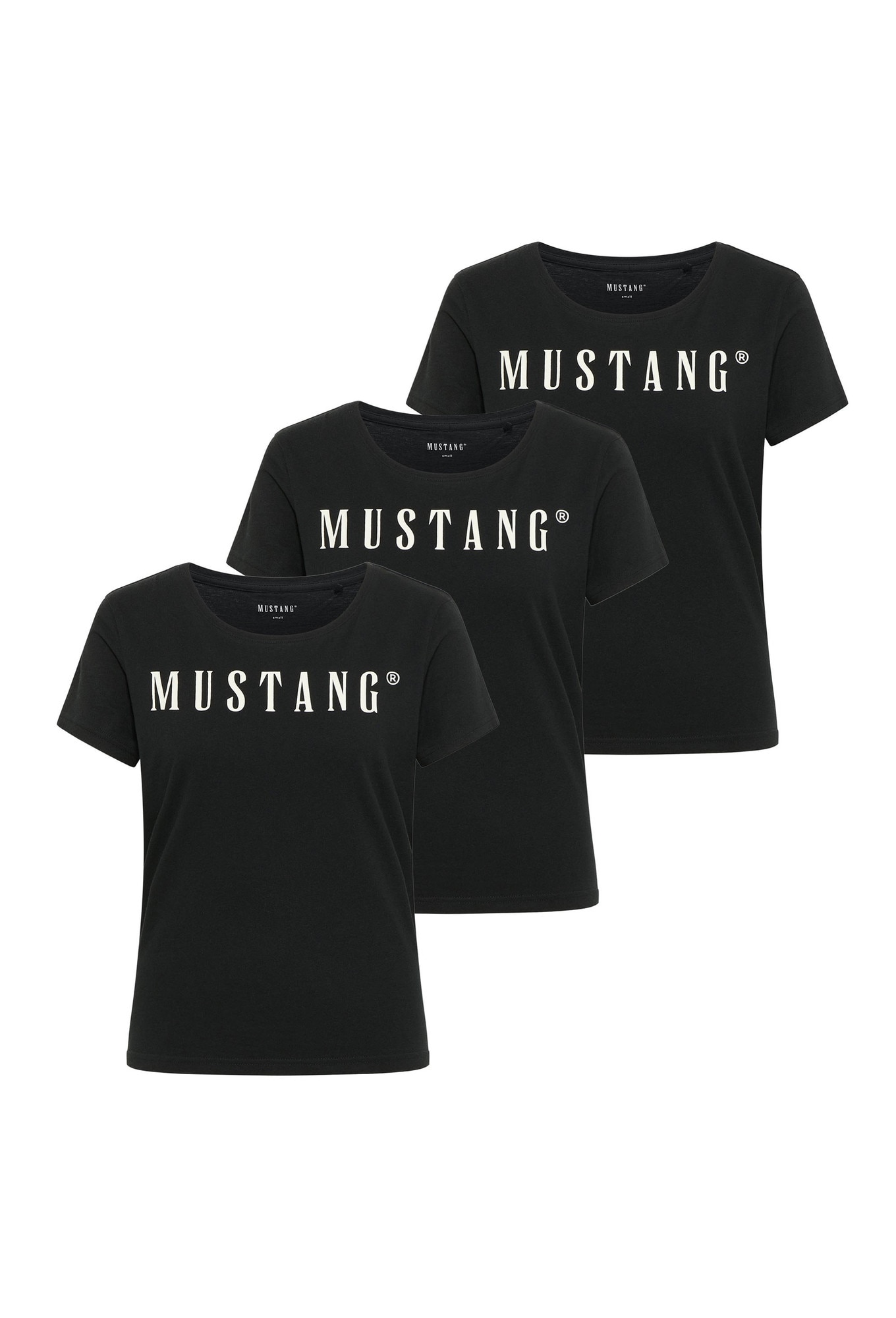 Mustang, Set de tricouri regular-fit cu decolteu rotund si logo Alma - 3 piese, Negru, M