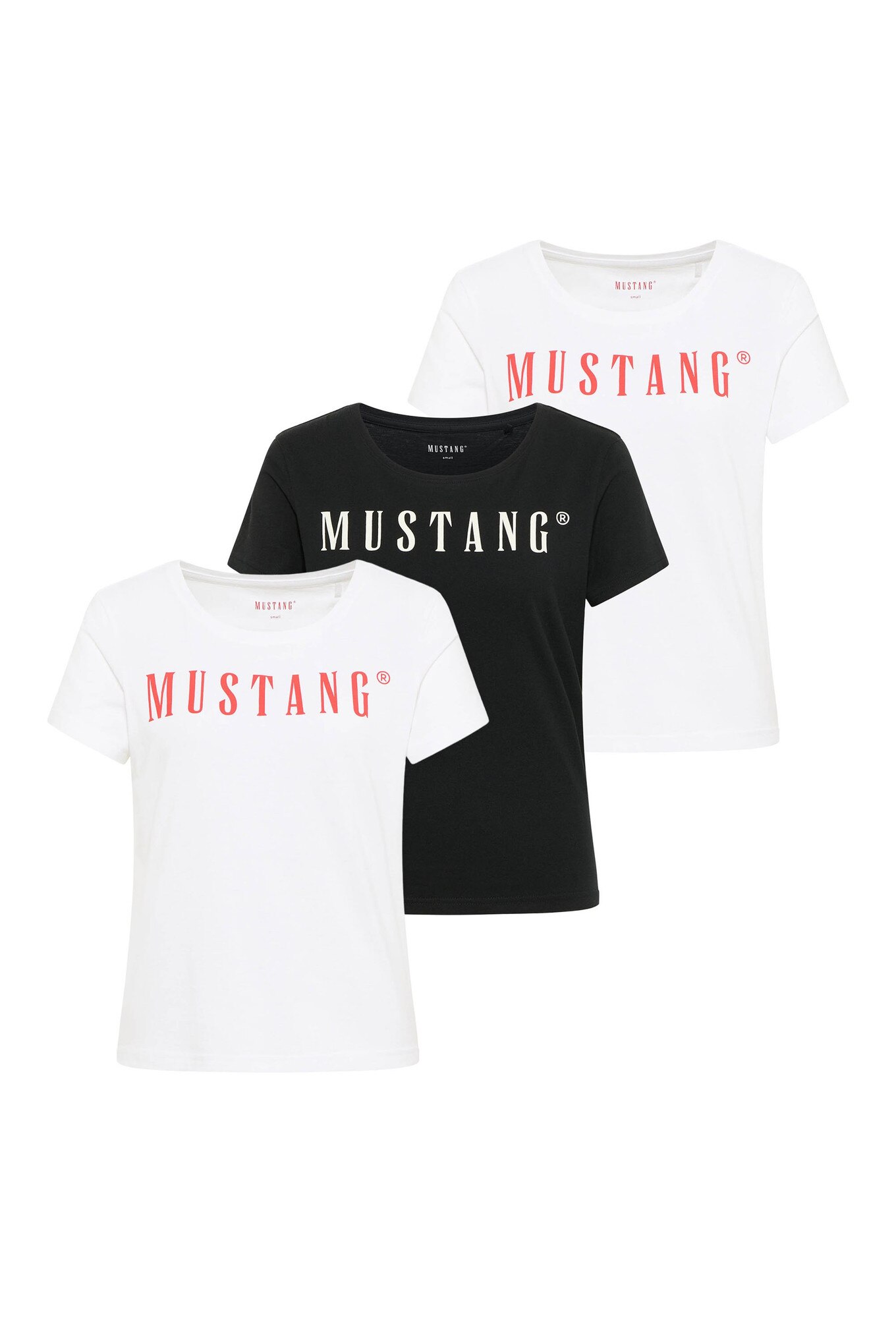 Mustang, Set de tricouri regular-fit cu decolteu rotund si logo Alma - 3 piese, Alb, Portocaliu mandarina, Negru, S