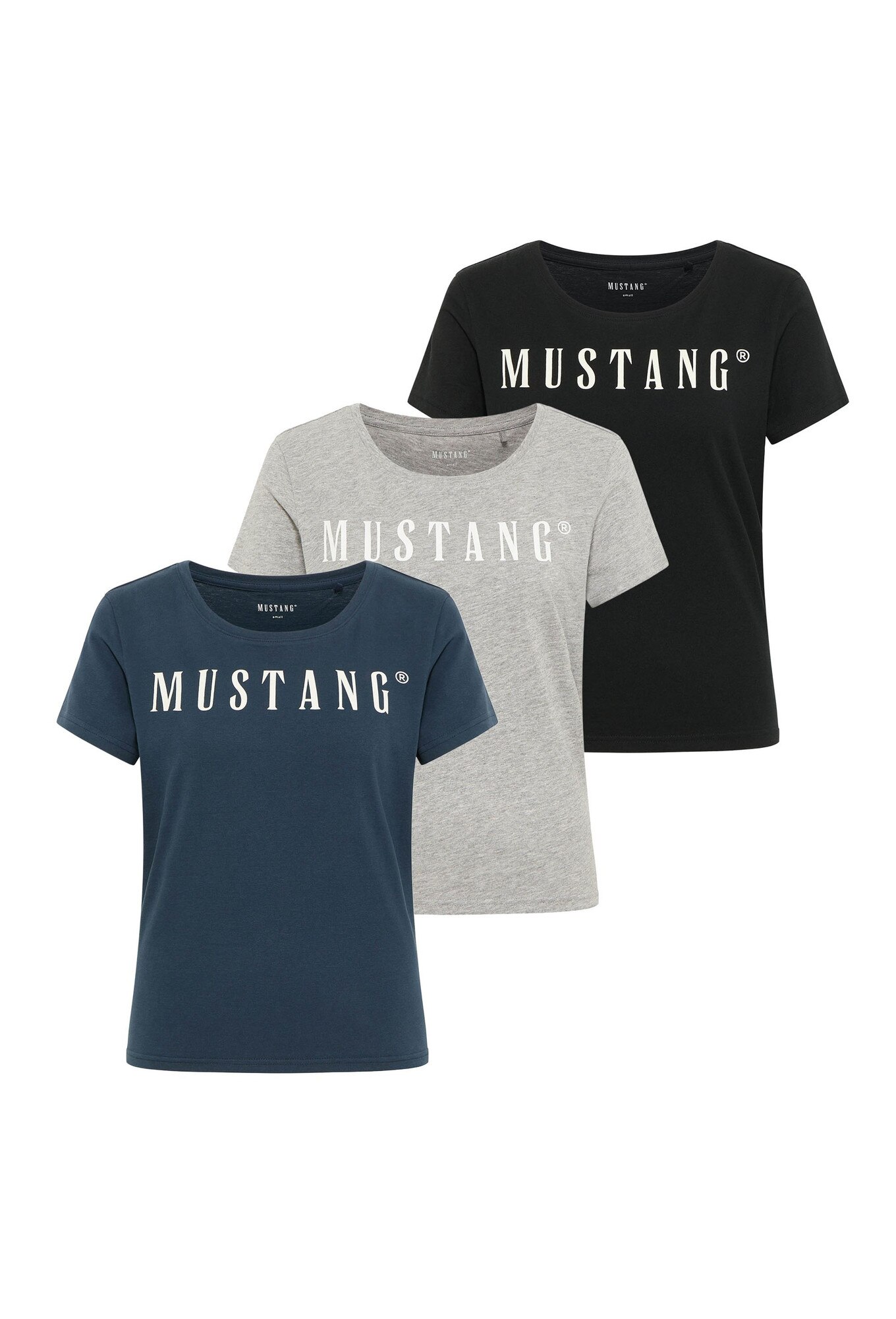 Mustang, Set de tricouri regular-fit cu decolteu rotund si logo Alma - 3 piese, Albastru inchis, Gri, Negru, S