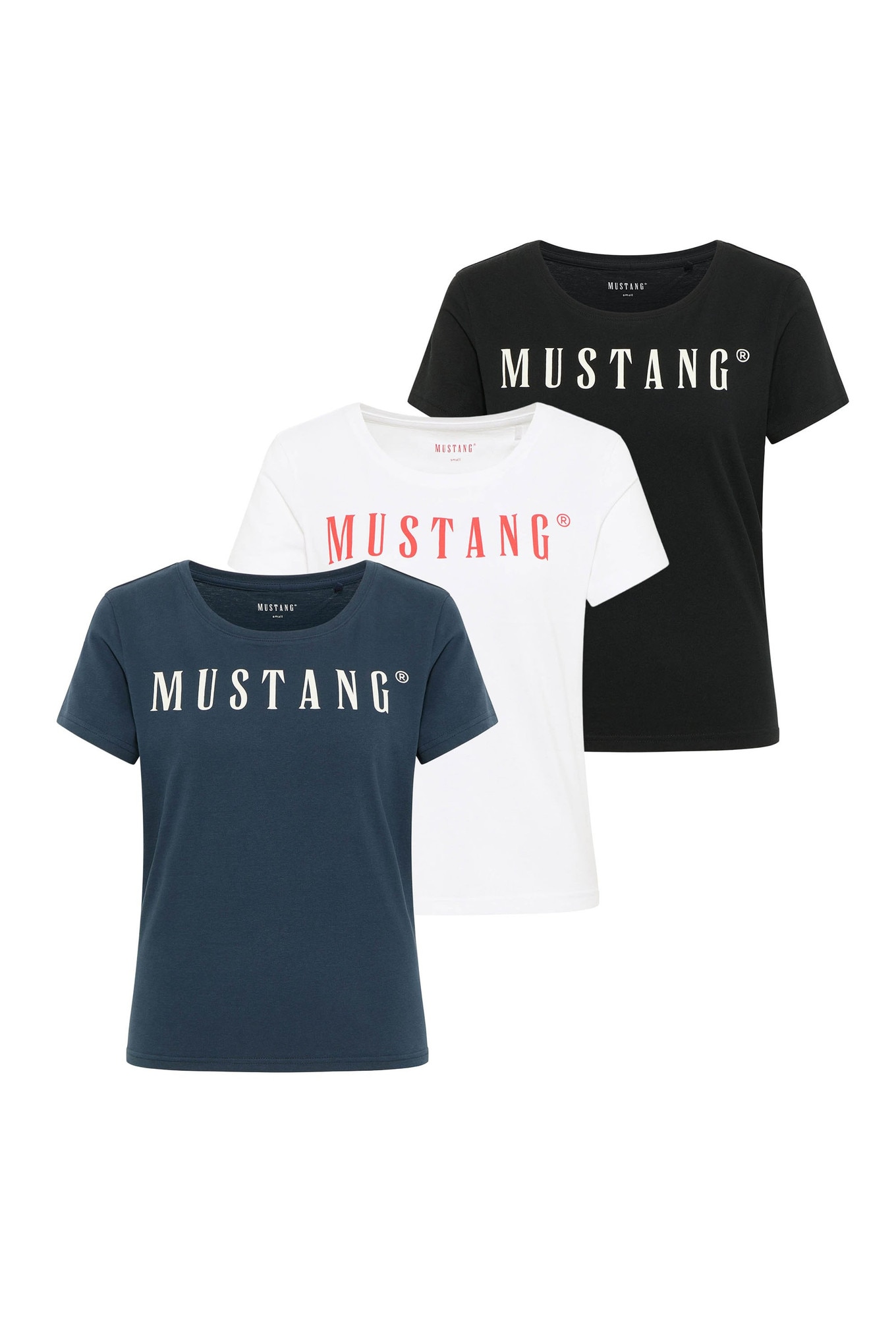 Mustang, Set de tricouri regular-fit cu decolteu rotund si logo Alma - 3 piese, Alb, Albastru inchis, Negru, XS