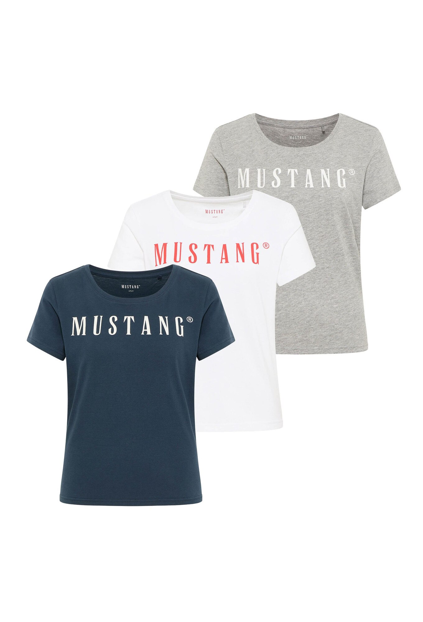 Mustang, Set de tricouri regular-fit cu decolteu rotund si logo Alma - 3 piese, Alb, Albastru inchis, Gri, XS
