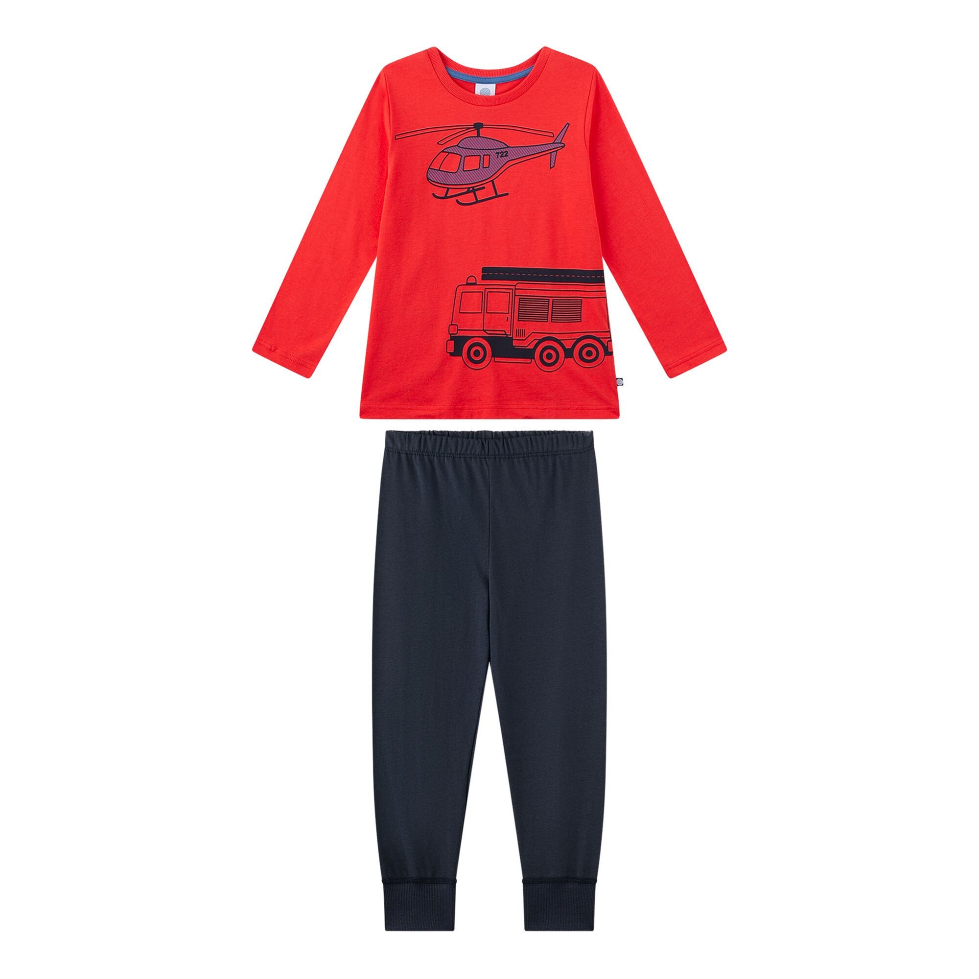 Sanetta, Pijama cu pantaloni lungi din bumbac si imprimeu, Rosu, Albastru, 116 CM