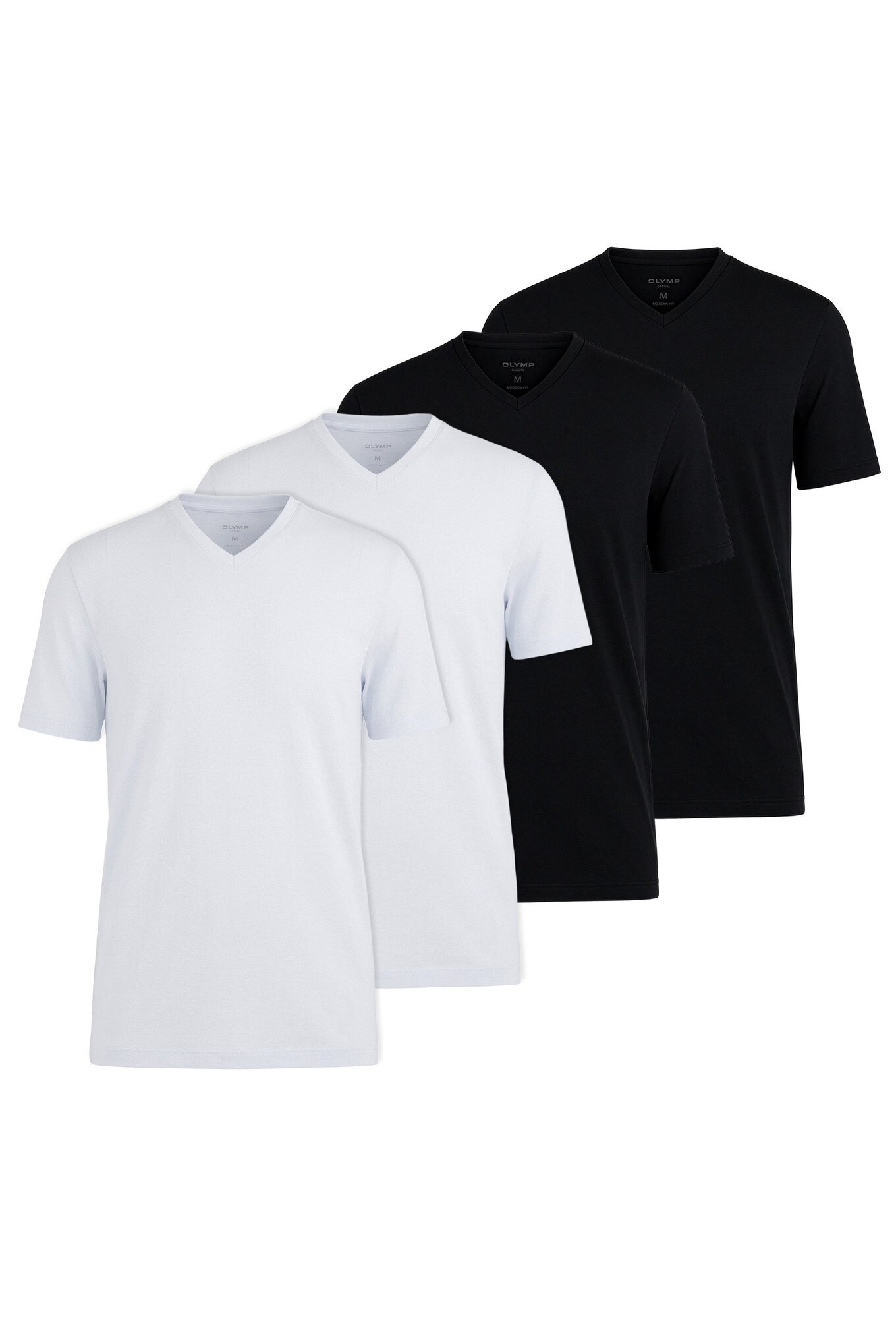 Olymp, Set de tricouri din bumbac cu decolteu in V - 4 piese, Alb, Negru, L