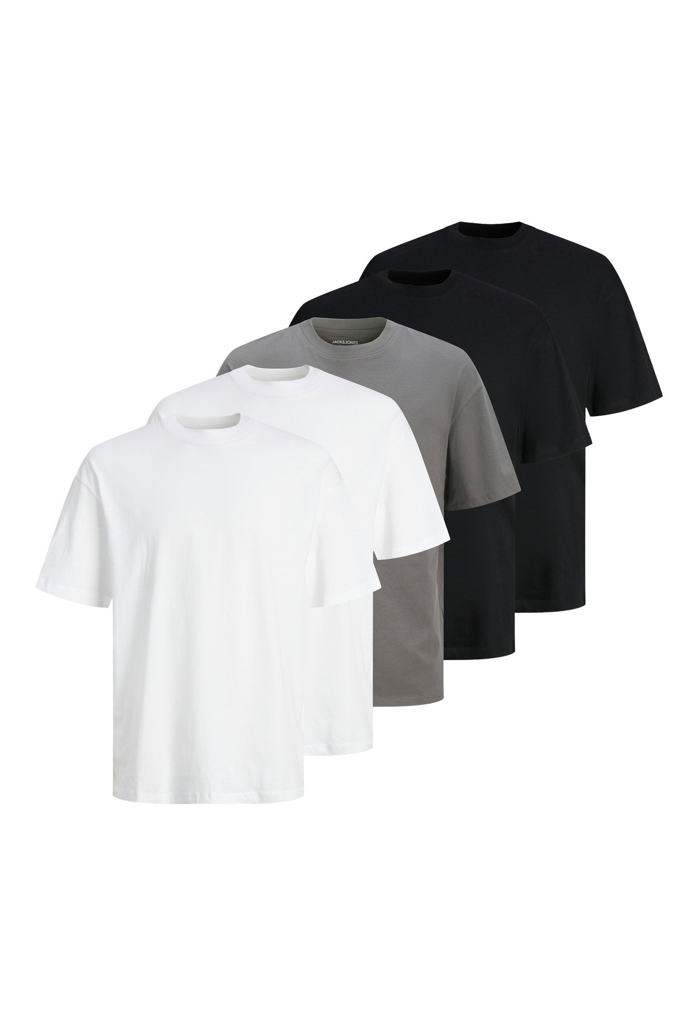Jack & Jones, Set de tricouri din bumbac cu croiala lejera Hugo - 5 piese, Alb, Gri, Negru, 2XL