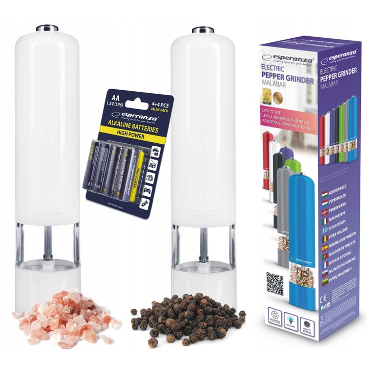 Set 2 Macinatoare Electrice Sare si Piper, ESPERANZA, Alb, Iluminare LED, Baterii Incluse