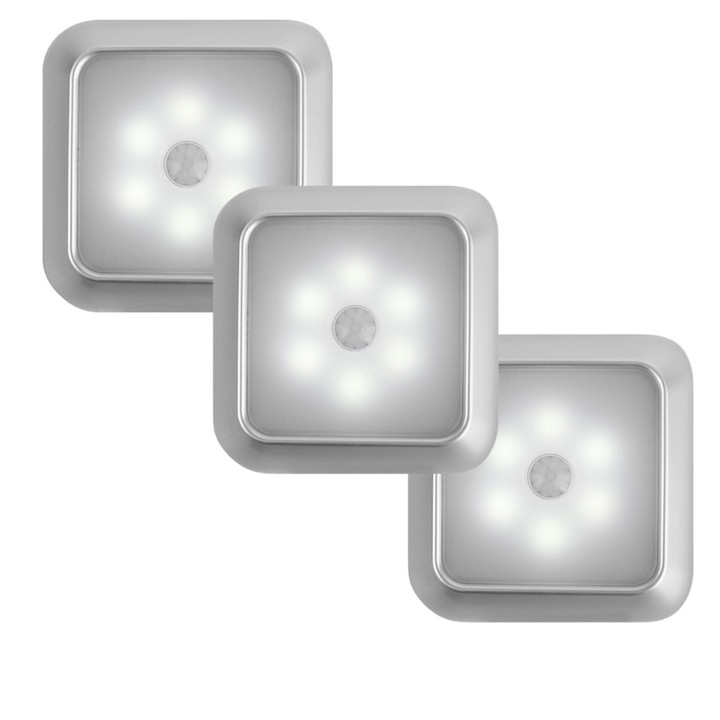 Lumina de veghe SoSar® cu senzor de miscare si LED-uri eficiente corp iluminat compact 8×8 cm, functionare pe baterii, montaj magnetic pentru spatii intunecate, baterii neincluse, 3 buc