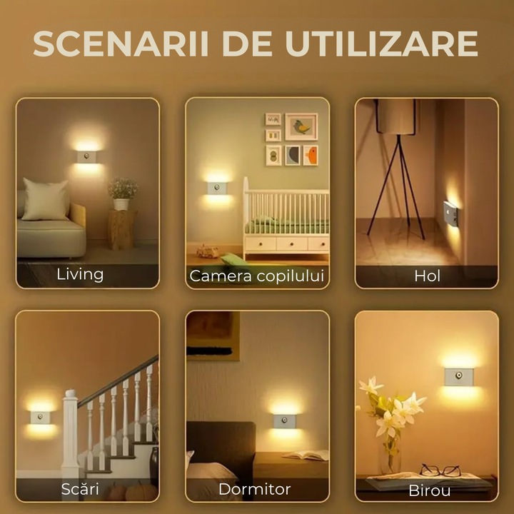 Lampa veghe Macvi® dreptunghiulara pentru perete cu senzor de miscare si senzor crepuscular, LED 3000K cu iluminare laterala, reincarcare USB-C pentru baie, dormitor si scari, 1 buc