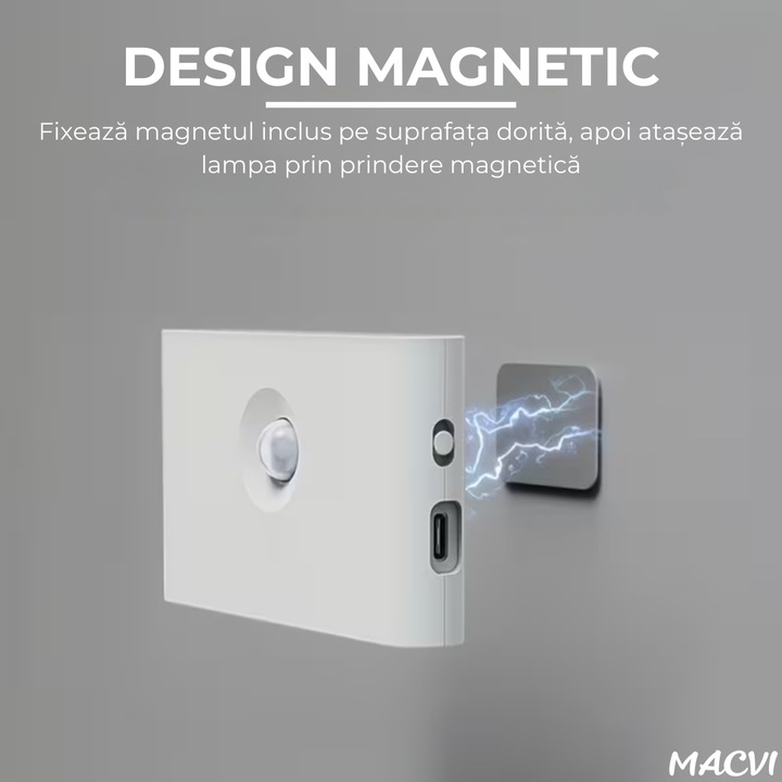 Lampa veghe Macvi® dreptunghiulara pentru perete cu senzor de miscare si senzor crepuscular, LED 3000K cu iluminare laterala, reincarcare USB-C pentru baie, dormitor si scari, 1 buc