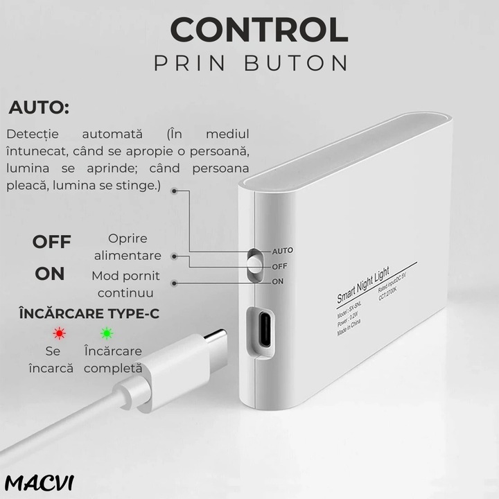 Lampa veghe Macvi® dreptunghiulara pentru perete cu senzor de miscare si senzor crepuscular, LED 3000K cu iluminare laterala, reincarcare USB-C pentru baie, dormitor si scari, 1 buc