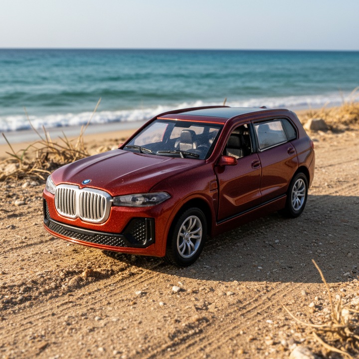 Macheta Auto Metalica BMW X7, Scara 1:36, Caramiziu metalizat, Motor Pull-Back, Lumini si Sunete, Usi Deschise, VisionXXI