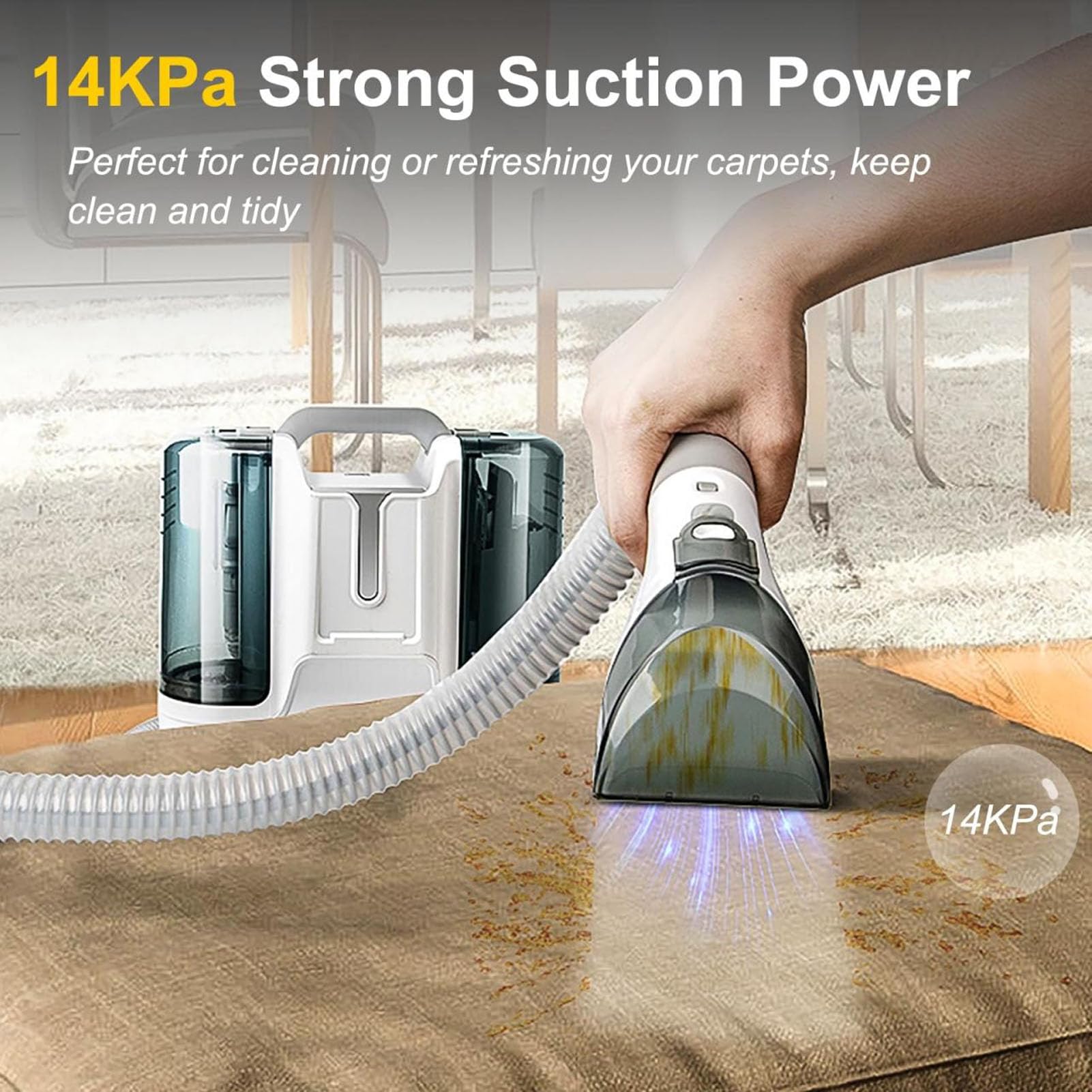 Aspirator Cu Spalare 3 In 1, Bedee®, 450W, 11000Pa, Utilizare uscata si umeda, furtun flexibil de 1, 2 m, Rezervor Dublu 1.8L + 0.6L, cu 6 capete de curatare, 33.5x33.5cm, Potrivit pentru familii cu animale de companie, Alb