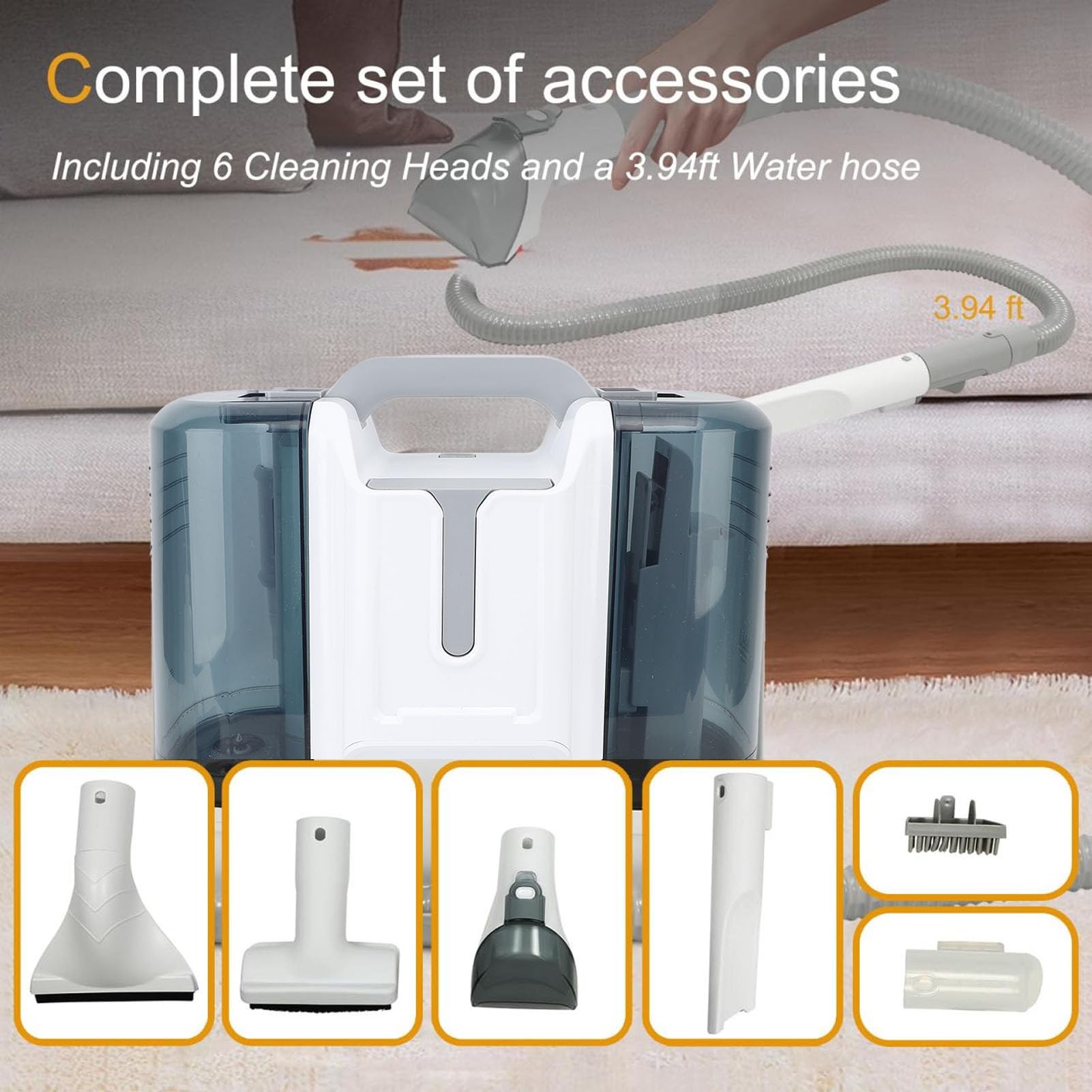 Aspirator Cu Spalare 3 In 1, Bedee®, 450W, 11000Pa, Utilizare uscata si umeda, furtun flexibil de 1, 2 m, Rezervor Dublu 1.8L + 0.6L, cu 6 capete de curatare, 33.5x33.5cm, Potrivit pentru familii cu animale de companie, Alb