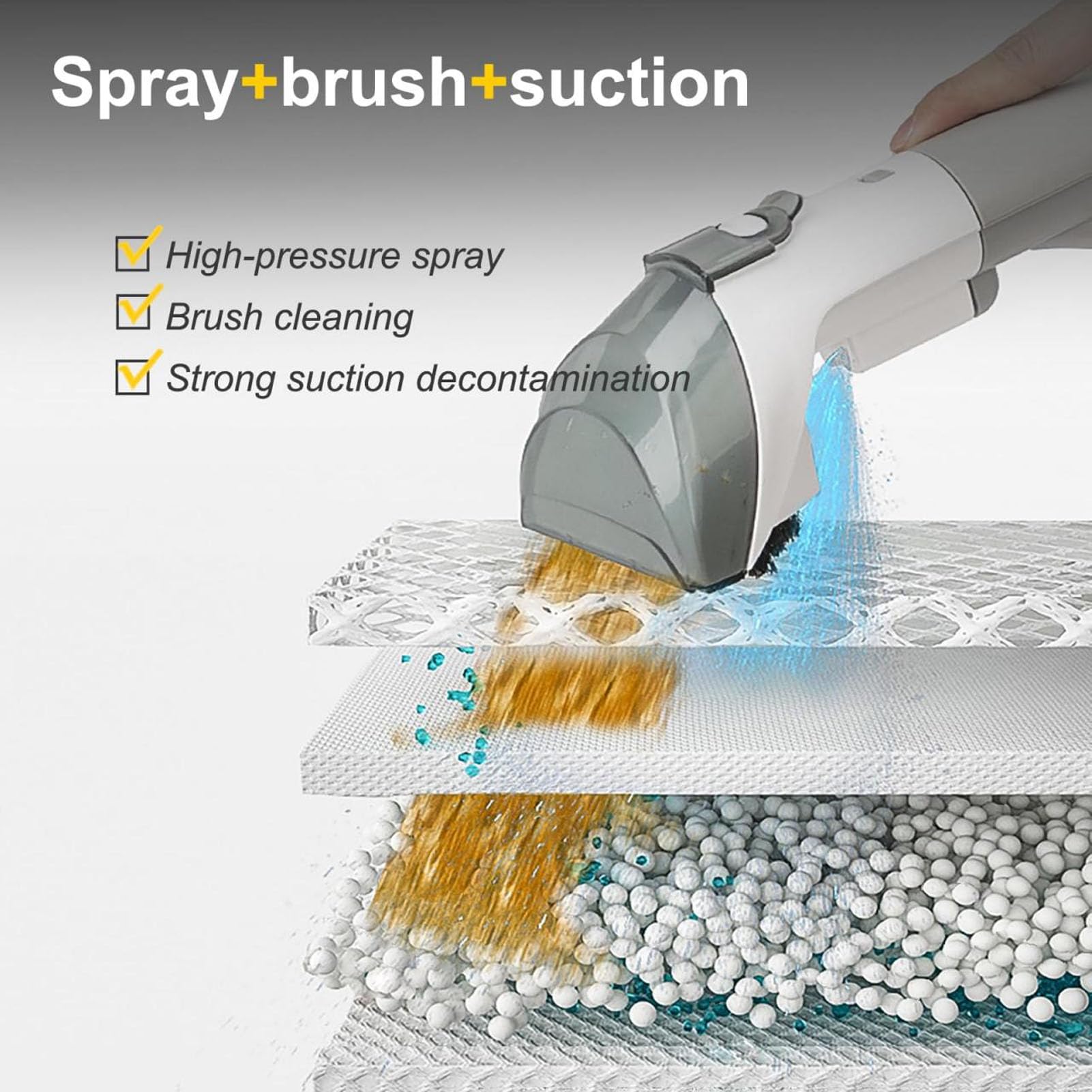 Aspirator Cu Spalare 3 In 1, Bedee®, 450W, 11000Pa, Utilizare uscata si umeda, furtun flexibil de 1, 2 m, Rezervor Dublu 1.8L + 0.6L, cu 6 capete de curatare, 33.5x33.5cm, Potrivit pentru familii cu animale de companie, Alb