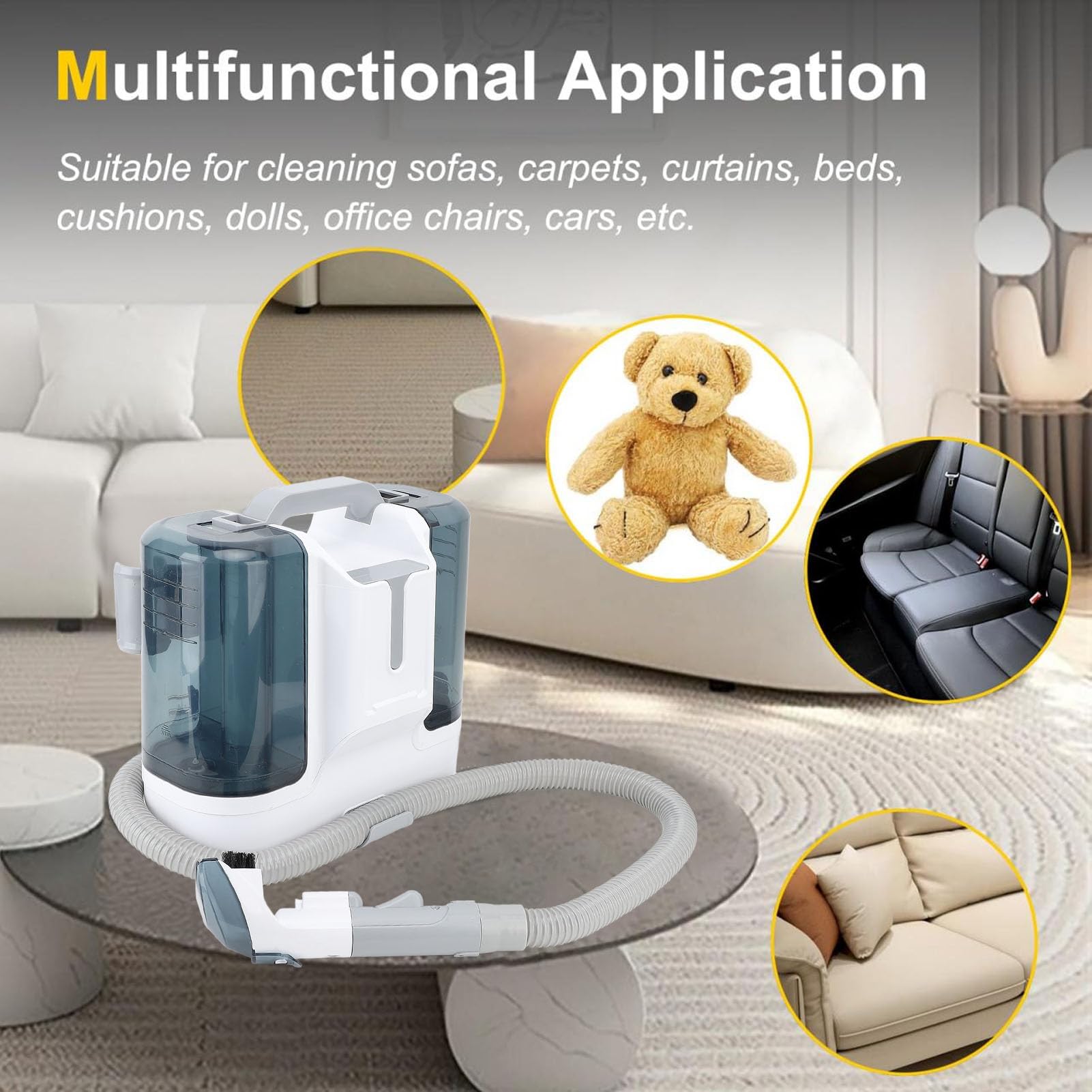 Aspirator Cu Spalare 3 In 1, Bedee®, 450W, 11000Pa, Utilizare uscata si umeda, furtun flexibil de 1, 2 m, Rezervor Dublu 1.8L + 0.6L, cu 6 capete de curatare, 33.5x33.5cm, Potrivit pentru familii cu animale de companie, Alb
