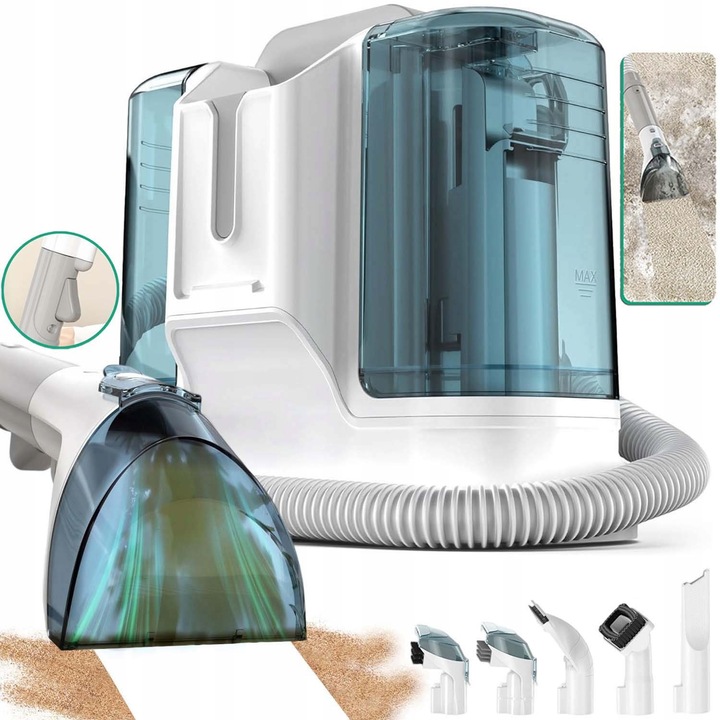 Aspirator Cu Spalare 3 In 1, Bedee®, 450W, 11000Pa, Utilizare uscata si umeda, furtun flexibil de 1, 2 m, Rezervor Dublu 1.8L + 0.6L, cu 6 capete de curatare, 33.5x33.5cm, Potrivit pentru familii cu animale de companie, Alb