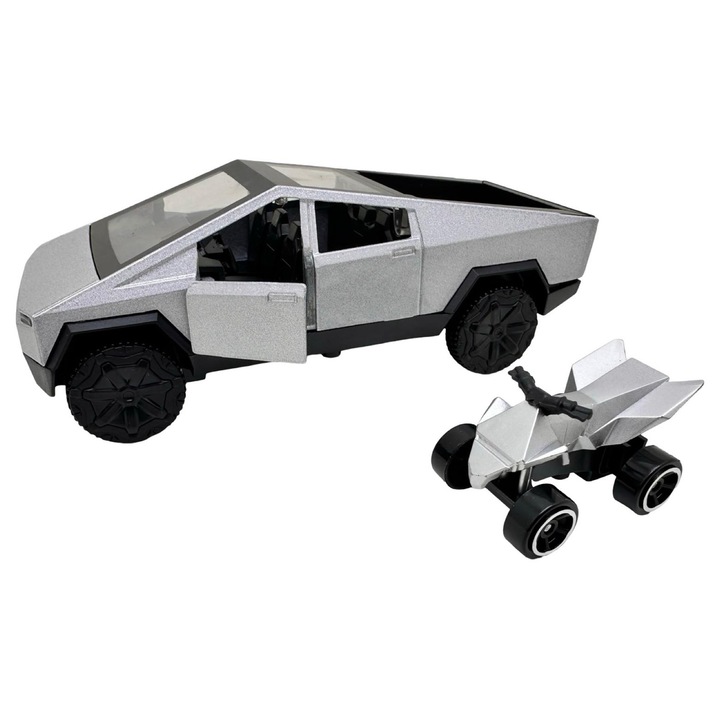 Macheta Cybertruck ATV-vel, ezüst, 1:32 méretarányú fém replika, nyitható ajtókkal