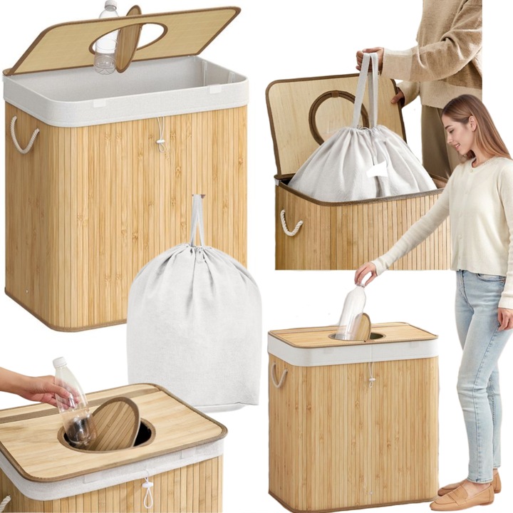Cos de reciclare pentru sticle, 120 L, Songmics, bambus, cu capac, 50,5x40,5x61 cm
