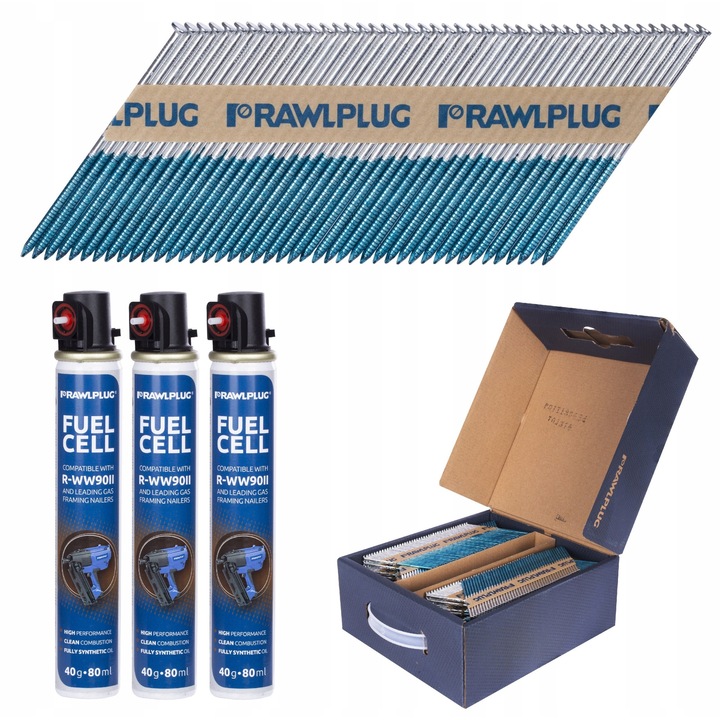 Set cuie inelare galvanizate Rawlplug 2.8x70mm, 3300 buc + 3 cartuşe gaz