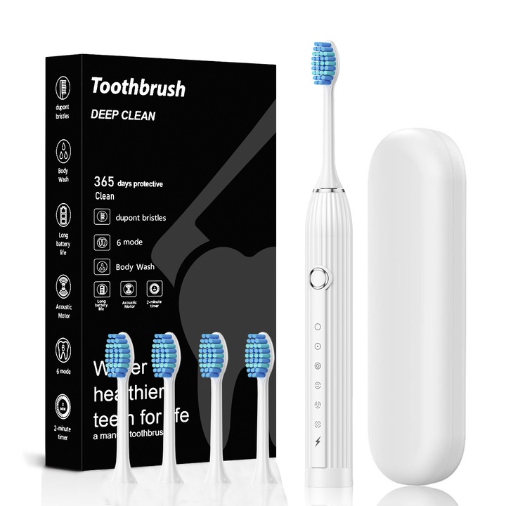 Elektromos fogkefe hangvibrációval és puha sörtékkel felnőtteknek, 4 cserélhető fej + tárolódoboz, fehér