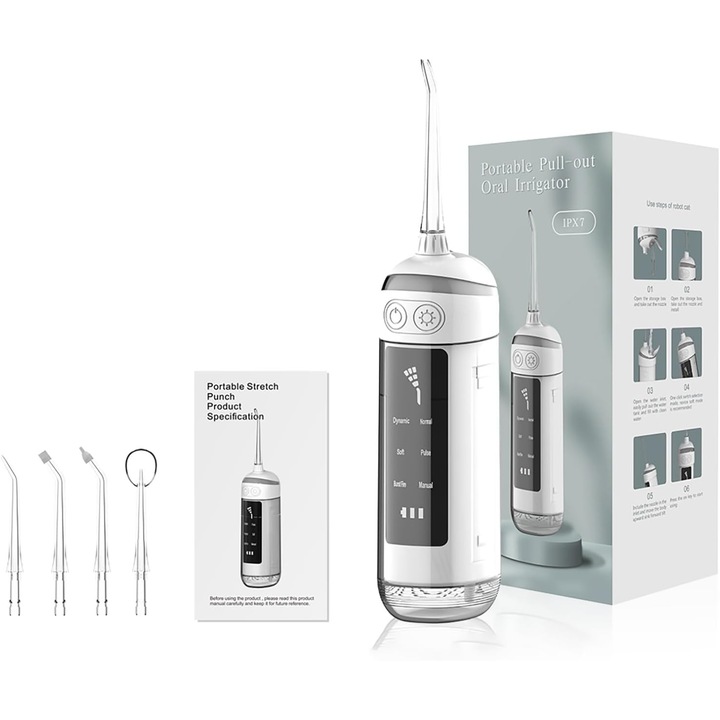 360°-ban forgatható IPX7 vízálló szájzuhany 4 fúvókával és 6 elektromos öblítési móddal, otthoni és utazási használatra alkalmas szájzuhany (szín: fehér)