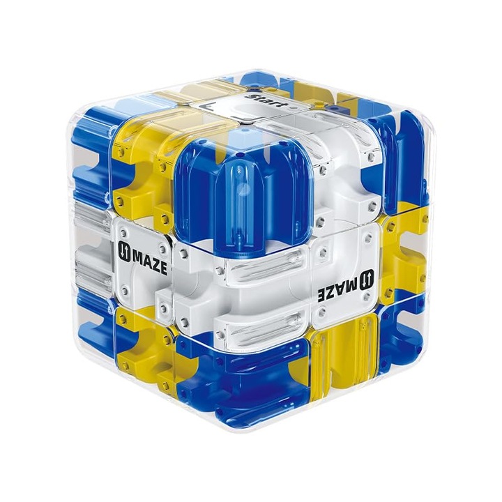Куб пъзел с лабиринт и подвижна топка, прозрачен, сини/жълти акценти, предизвикателна игра за интелигентност, преносим размер