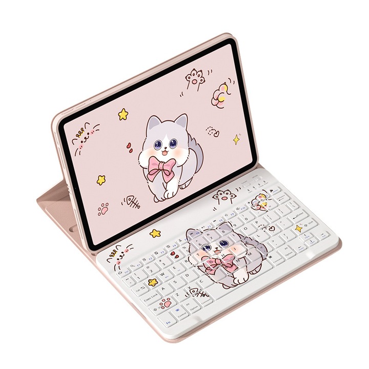 Tabletta tok és billentyűzet szett, rózsaszín bőrborítás + billentyűzet Ragdoll macska illusztrációval, Redmi Pad SE 11 inch-hez