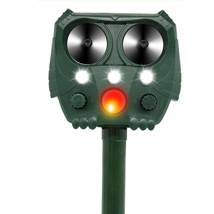 Aparat Ultrasunete Anti-daunatori, Rqiurpn, Cu senzor de miscare, 5 trepte ajustabile, 30ft, Lumina stroboscopica, Anti rozatoare, Anti pasari, soareci, sobolani, porumbei, tantari, insecte, caini, pisici, Pentru gradina, Verde