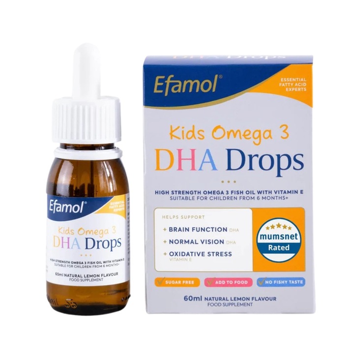 Efamol Kids Omega 3 DHA Drops, Ulei de Peste pentru Copii, Suport Dezvoltare Creier si Vedere, Supliment Lichid cu Pipeta, 60 ml