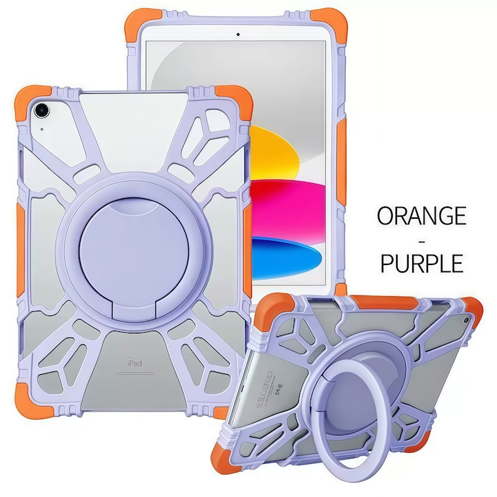 Husa Tableta Universala 9.5 - 11 inch, Heavy Duty pentru Allview Viva H1003 / Vonino Magnet / Samsung, Silicon Lichid Premium, Protectie Dubla, Stand 360, Mov cu Portocaliu