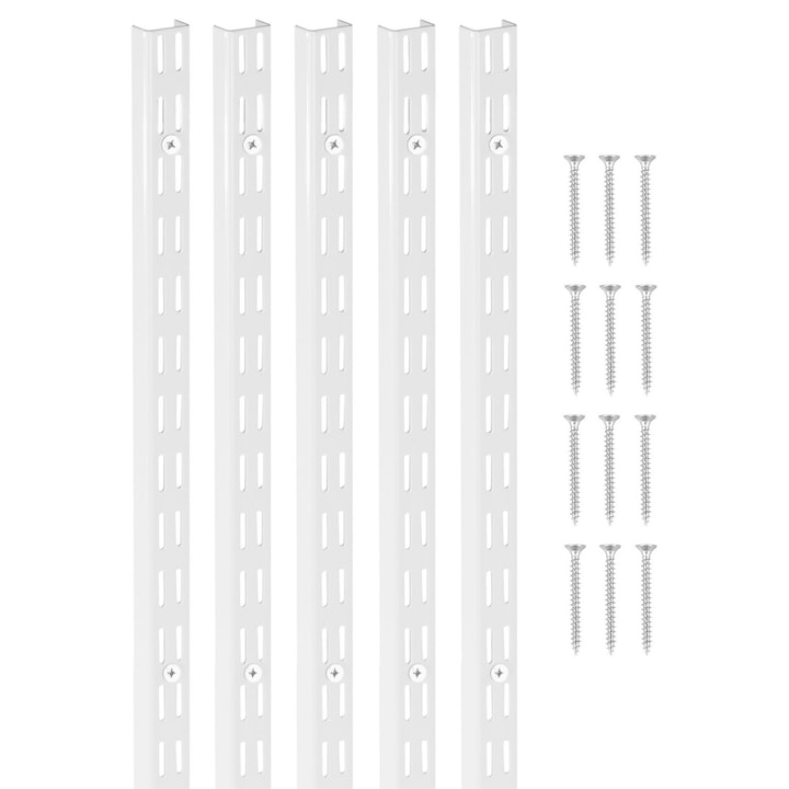 Pilastru pentru rafturi, Sina verticala cu doua fante 152, 4 cm, Pachet 5 bucati, Montaj pe perete, Suport rezistent, Include 25 suruburi, Pentru dulapuri, Argintiu