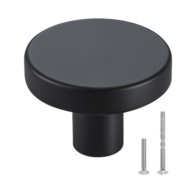 Manere tip buton pentru dulap si sertar, set 10 bucati, Forma Ciuperca, Aliaj Zinc Solid, Diametru 32 mm, Cu Suruburi Incluse, Pentru Bucatarie si Baie, Negru