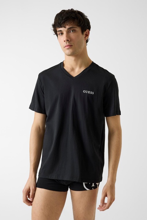 GUESS, Set de tricouri din bumbac cu decolteu in V - 3 piese, Negru